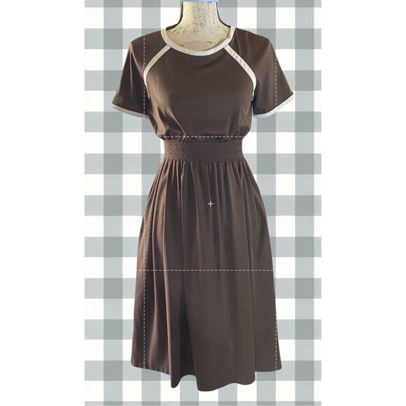 Vintage Jody of California Womens 8 70s Brown Smocked Waist Minimalist Dress - Picture 4 of 9
